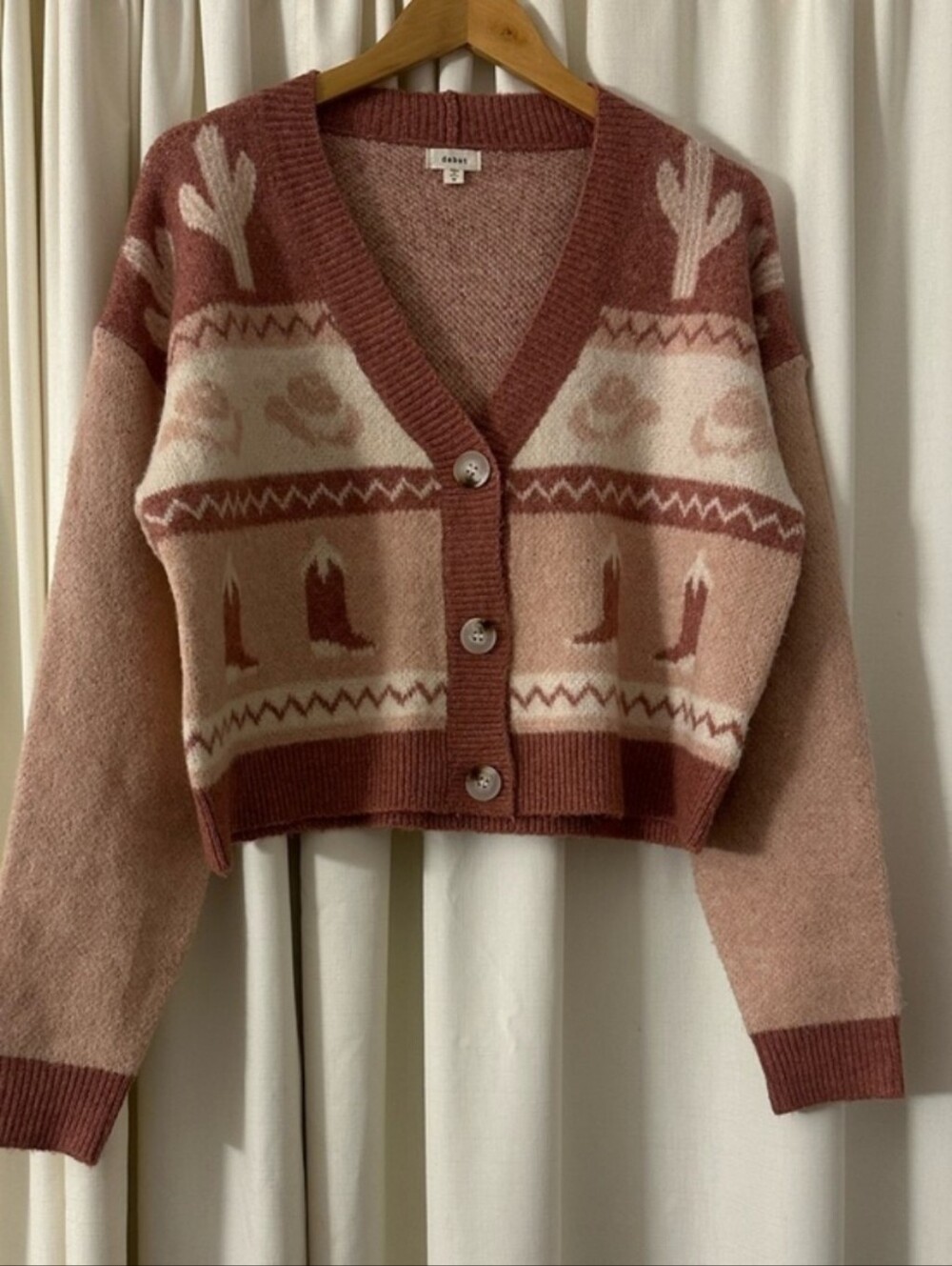 Debut Pink and Cream Western Motif Cardigan Sweater - Picture 4 of 6